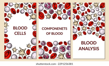 Set of blood cells backgrounds. Design for blood test, anemia, donation, hemophilia, laboratory scientific research concepts. Vector illustration in sketch style