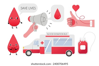 Set with blood donation illustrations in flat design. Blood transfusion bus, blood bag, donor. Hand drawn vector isolated on white background
