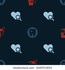 Set Blood donation, Tooth with caries and Medical heart inspection on seamless pattern. Vector