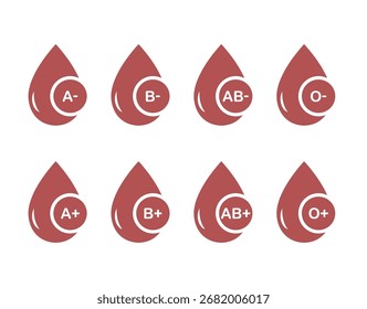 Conjunto de gotas de sangue com diferentes tipos de sangue isolados ilustração de vetor de design de estilo plano no fundo branco.