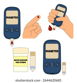 Conjunto de medidor de glucosa en sangre, tiras reactivas y punción digital para el diagnóstico de diabetes mellitus y el concepto de monitoreo. Vector ilustración médica aislada sobre fondo blanco. Enfermedades crónicas, atención médica.