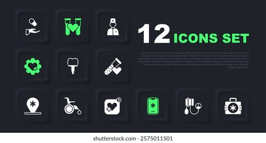 Set Blood pressure, First aid kit, Dental implant, Emergency call 911, Heart with cross, Wheelchair for disabled person, Test tube blood and Mobile heart rate icon. Vector
