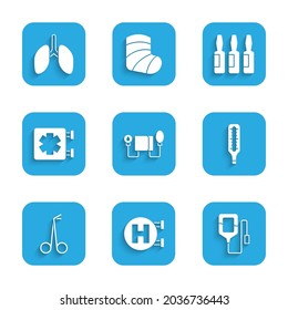 Set Blood pressure, Hospital signboard, IV bag, Medical thermometer, scissors, symbol of Emergency, vial, ampoule and Lungs icon. Vector