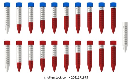 Conjunto de recipientes de muestra de sangre con tapón rojo y azul aislados sobre fondo blanco. Tubos de ensayo para líquido con escala de 2 a 10. Ilustración vectorial.