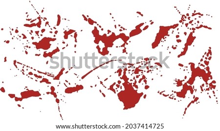 Set of blood spatter, realistic texture isolated on white background. Red blot with splashes, spilled paint. Drops of blood and smeared spots on the surface. Vector object