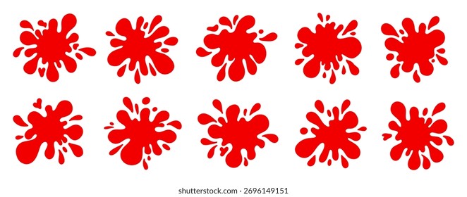 Conjunto de sangue respinga, gotas e manchas. Ilustração vetorial mostrando bolhas e gotejos de tinta vermelha isolados no plano de fundo branco.