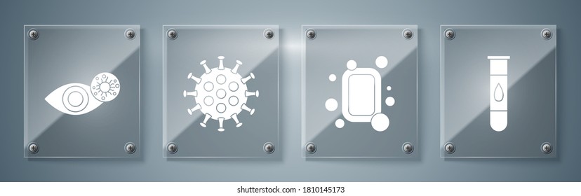 Establecer la prueba y el virus de la sangre, la barra del jabón, el virus y el ojo Reddish debido al virus. Paneles de vidrio cuadrado. Vector