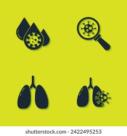 Set Blood test and virus, Virus cells in lung, Lungs and under magnifying glass icon. Vector