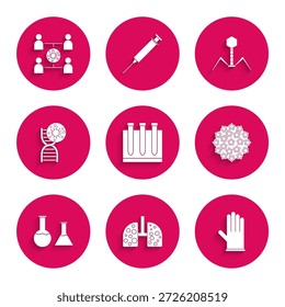 Set Bluttest und Virus, Viruszellen in der Lunge, Medizinische Gummihandschuhe, Teströhrchen Kolben, DNA-Symbol, Bakterien Bakteriophage und gespreiztes Symbol. Vektorgrafik