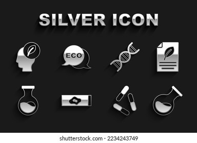 Set Blood test and virus, Eco paper with leaf, Test tube flask, Virus, DNA symbol, Human head inside and Label for eco healthy food icon. Vector