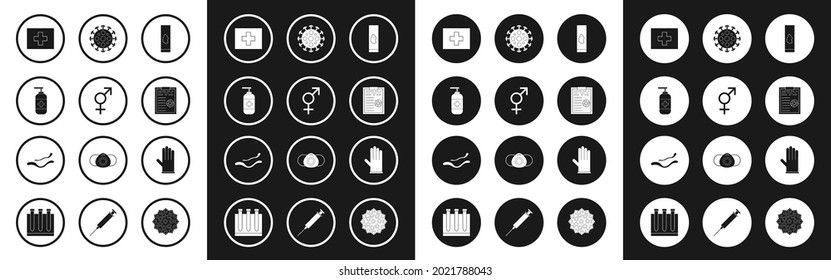 Set Blood test and virus, Gender, Bottle of liquid antibacterial soap, First aid kit, Clipboard with blood results, Virus, Medical rubber gloves and Ebola disease icon. Vector