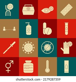 Set Blood test and virus, Hand with, Reddish eye due to, Bottle of liquid antibacterial soap, Safe distance, DNA symbol and Medicine pill or tablet icon. Vector