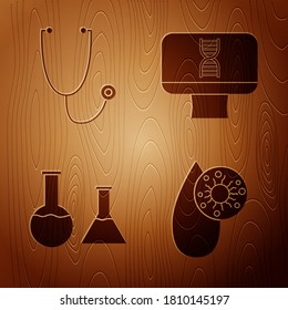 Bluttest und Virus, Stethoskop, Reagenzglas und Kolben sowie DNA-Spirale und Computer auf Holzhintergrund festlegen. Vektorgrafik