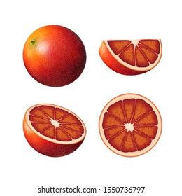 Set of bloody orange. Isolated half of red colorful orange, whole round fruit, half, and juicy slice on white background. Realistic colored juicy red orange, tarocco.