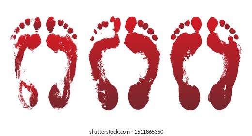 Set of bloody red horror foot prints. Mark human leg, dirty grunge foot print. Design element for Halloween decoration.