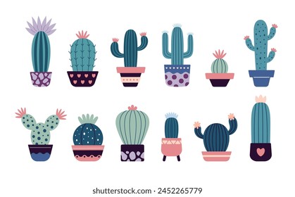 Set of blooming cacti, succulents in pots. Cute cartoon cactus. Doodle style, flat design. Scandinavian, boho style. Vector illustration. Exotic and Tropical Plant, home decor