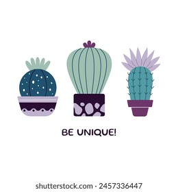 Set of blooming cacti, succulents in pots. Cute cartoon cactus. Doodle style, flat design. Scandinavian, boho style. Vector postcard. Exotic and Tropical Plant, home decor. Be unique slogan