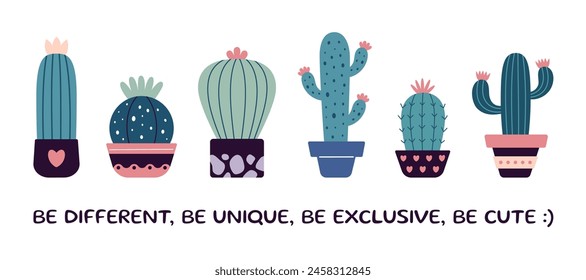 Set of blooming cacti, succulents in pots. Cute cartoon cactus. Doodle style, flat design. Scandinavian, boho style. Vector postcard. Tropical Plant, home decor. Uniqueness, diversity concept