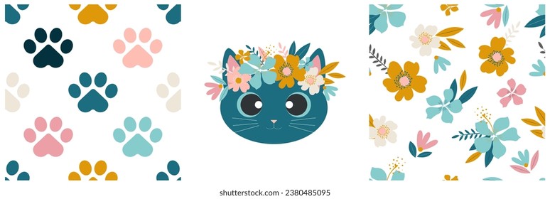 Banner de gatitos en flor y flores de primavera en patrones sin fisuras
y patas de gato para telas y textiles modernos. Vector.