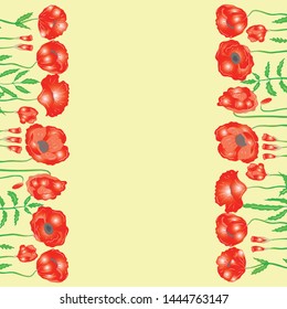 Set of blooming field flowers and leaves: Red flowering poppies. The collection is drawn by hand for design, cards, textiles, printing and more. You can change the background to any color.
.
