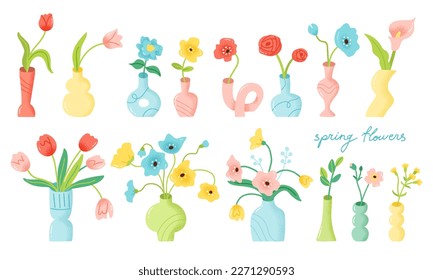 Flores florecientes en jarrones coloridos. Ilustración vectorial de ramos de tulipán y anémona en un estilo plano dibujado a mano. Elementos florales decorativos sobre fondo blanco.