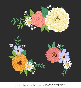 Set of blooming flowers and leaves. Spring and Summer theme. Flower arrangements for wedding card. Vector illustration