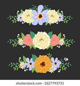 Set of blooming flowers and leaves. Spring and Summer theme. Flower arrangements for wedding card. Vector illustration