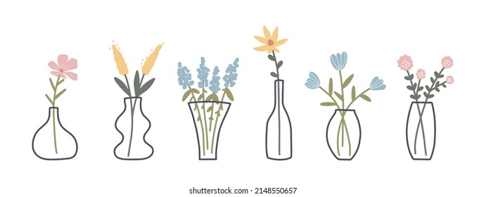 Set of Blooming Flowers in vase. Abstract hand drawn Bunch of plants in glass vases. Vector isolated illustration on white background