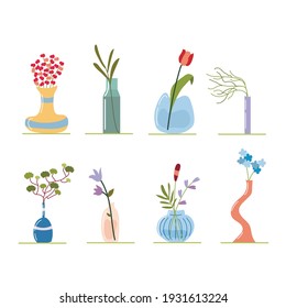 Set of  blooming flowers in vases on white background. Collection of flat spring flower elements. Vector illustration.