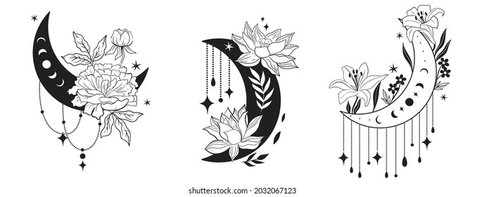 Set of blooming moons with decorative elements isolated on white background. Vector graphics.