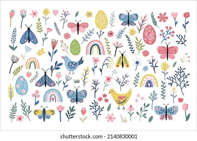 Set of blossom flowers, bird, butterfly and Easter. Collection floral vector elements. 