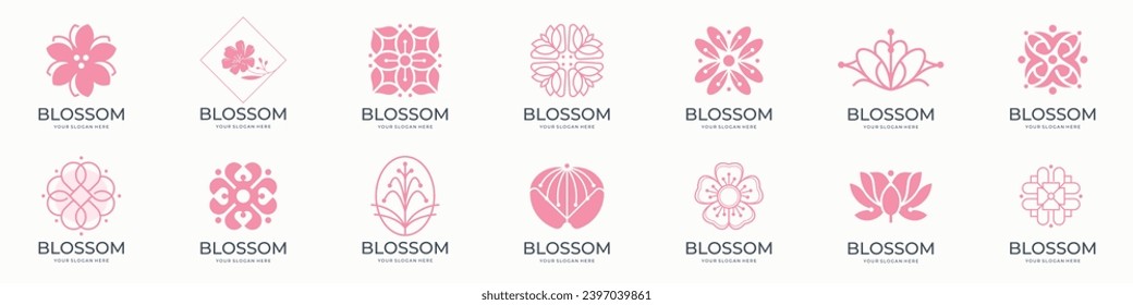 set of blossom logo line art vector illustration concept template icon design, collection of nature blossom plant with badge and symbol concept vector illustration logo design.