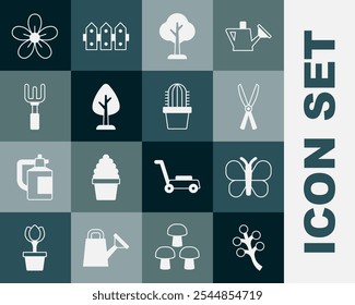 Set Blossom tree branch, Butterfly, Gardening handmade scissors, Forest, rake, Flower and Cactus peyote pot icon. Vector