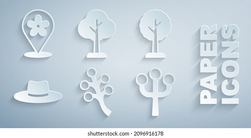 Set Blossom tree branch, Forest, Gardener worker hat,  and Location with flower icon. Vector