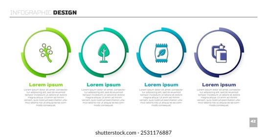 Definir ramo de árvore da flor, floresta, saco de fertilizante e pulverizador de jardim para fertilizante. Modelo de infográfico comercial. Vetor