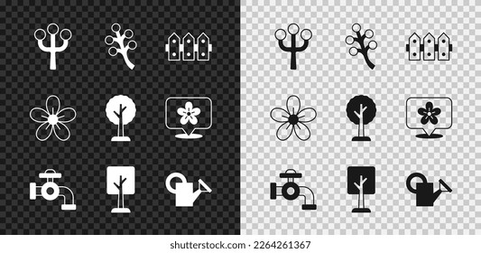 Set Blossom tree branch, Garden fence wooden, Water tap, Forest, Watering can, Flower and  icon. Vector