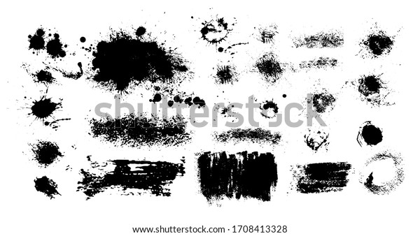 Set of blots. Black spots of paint on a\
white background. Grunge frame of paint.\
Vector