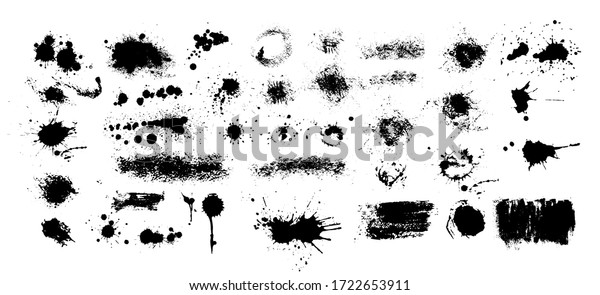 Set of blots. Black spots of paint on a\
white background. Grunge frame of paint.\
Vector