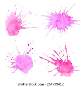 Set of blots painted with paint on paper. Vector watercolor stains. Background for text and buttons. Bright splashes of paint on a white background