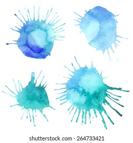 Set of blots painted with paint on paper. Vector watercolor stains. Background for text and buttons. Bright splashes of paint on a white background