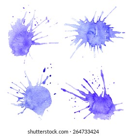 Set of blots painted with paint on paper. Vector watercolor stains. Background for text and buttons. Bright splashes of paint on a white background
