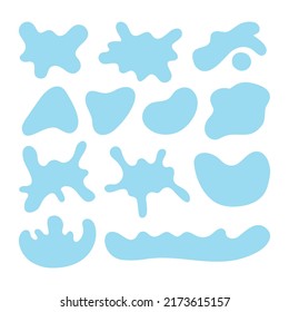 Set of blots, splashes and stains. Blue water forms with jagged, flowy edges. Decorative shapes, liquid watery design elements. Isolated vector illustration.