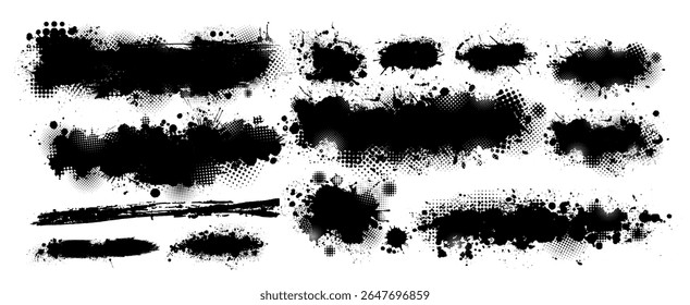 Set of blots. Splatter Paint Texture . Black Spray Blot of Ink. Place illustration Over any Object to Create Grungy Effect . hand drawn. Not AI, Vector.