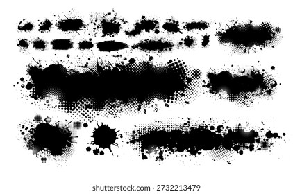 Set of blots. Splatter Paint Texture . Black Spray Blot of Ink. Place illustration Over any Object to Create Grungy Effect . hand drawn. Not AI, Vector.