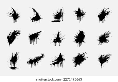 Set of blots and stains. Grunge splatter. Black spots of ink paint.  Artistic messy grunge abstract stains vector set. Brush strokes. Vector illustration