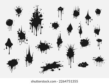 Conjunto de manchas y manchas aisladas sobre fondo blanco. Manchas negras de pintura con tinta. Se establece para las texturas de manchas de grunge. Colección de varias salpicaduras de tinta. Ilustración del vector