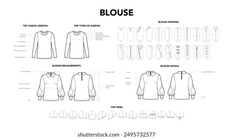 Set of Blouse Shirt Top Details - Measurement, Opening, Hem Sleeves Length styles technical fashion illustration. Flat apparel template front, back view. Women, men CAD mockup isolated