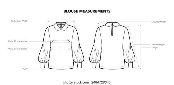 Set of Blouse Shirt Top Measurement - Circumference, Length, Width, Size, Chest Waist and Hip styles technical fashion illustration. Flat apparel template front, back. Women, men CAD mockup isolated