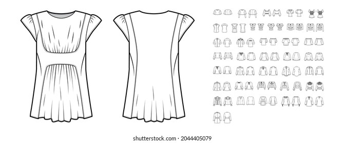 Set of blouses with gathered elements technical fashion illustration with crop tunic length, fitted relax body. Flat shirt apparel top template front, back, white color. Women, men unisex CAD mockup