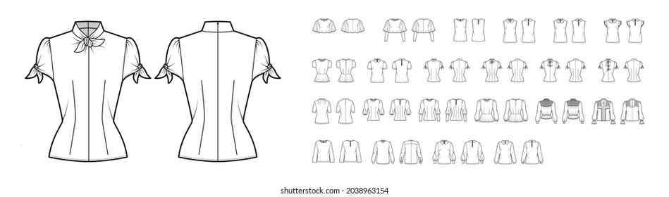 Set of blouses key-hole back closure tops, shirts, technical fashion illustration with fitted oversized body, short elbow long sleeves. Flat apparel template front, white color. Women, men CAD mockup